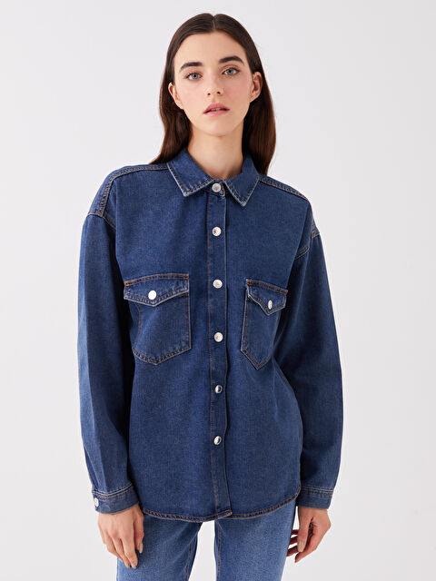 LCW Jeans Kadın Gömlek Yaka Düz Jean Ceket - W39853Z8-507