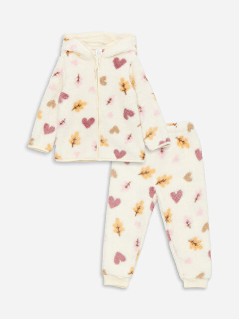 LCW baby Kapüşonlu Uzun Kollu Kız Bebek Pelüş Hırka ve Pantolon 2'li Takım - W39883Z1-LRB