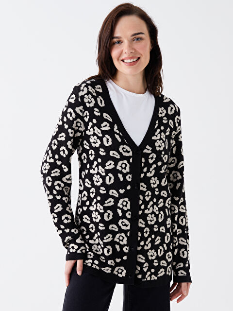 LCW Grace V Yaka Desenli Kadın Triko Hırka - W39890Z8-MHS