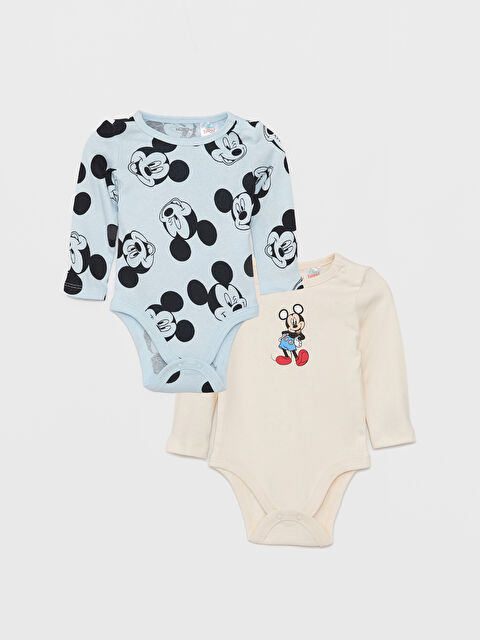 LCW baby Bisiklet Yaka Uzun Kollu Mickey Mouse Baskılı Erkek Bebek Çıtçıtlı Body 2'li - W39999Z1-FUX