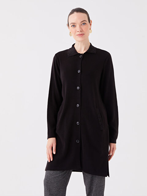 LCW Grace Polo Yaka Nakışlı Uzun Kollu Kadın Triko Hırka - W3AB91Z8-CVL