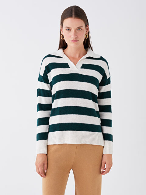 LCWAIKIKI Basic Polo Yaka Renk Bloklu Oversize Kadın Triko Kazak - W3AD72Z8-LFL