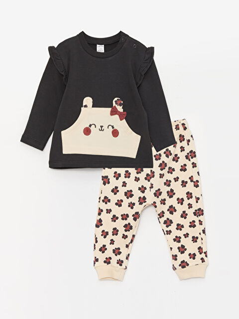 LCW baby Bisiklet Yaka Uzun Kollu Baskılı Kız Bebek Sweatshirt ve Pantolon 2'li Takım - W3AD74Z1-PKH