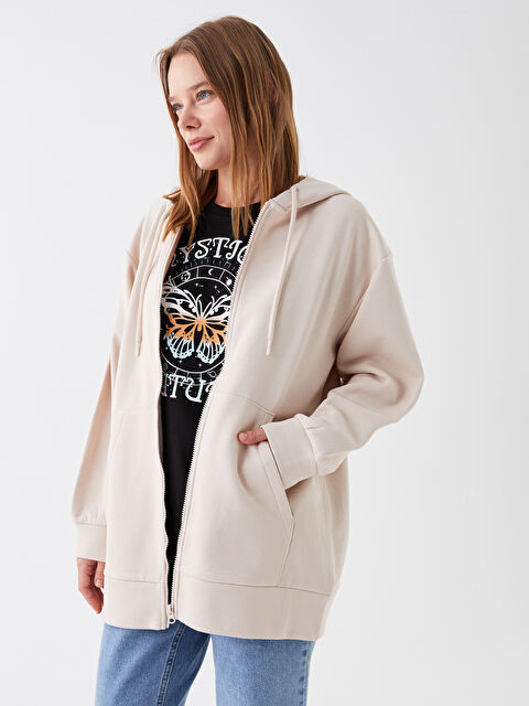 LCW Modest Kapüşonlu Düz Oversize Kadın Kalın Fermuarlı Sweatshirt - W3AK07Z8-FUK