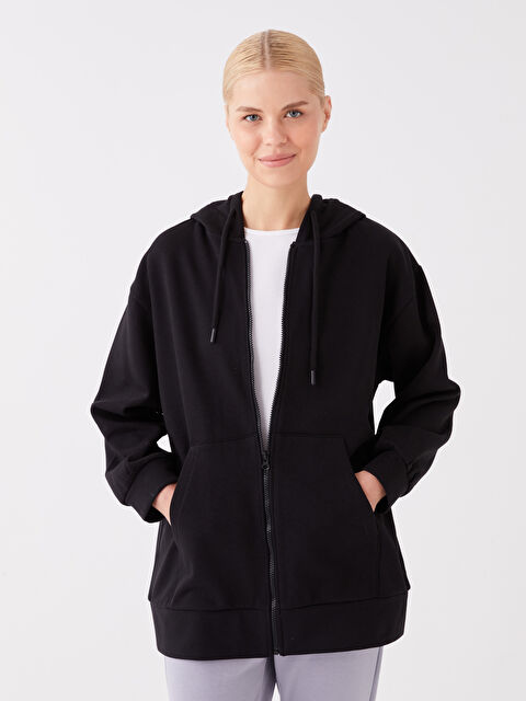 LCW Modest Kapüşonlu Düz Oversize Kadın Kalın Fermuarlı Sweatshirt - W3AK07Z8-RQL