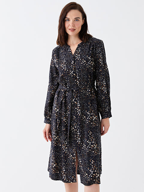 LCW Grace Kaçık Yaka Desenli Uzun Kollu Kadın Gömlek Elbise - W3AL78Z8-LQY