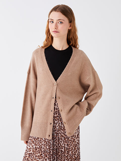 LCW Modest V Yaka Oversize Kadın Triko Hırka - W3AQ19Z8-V50