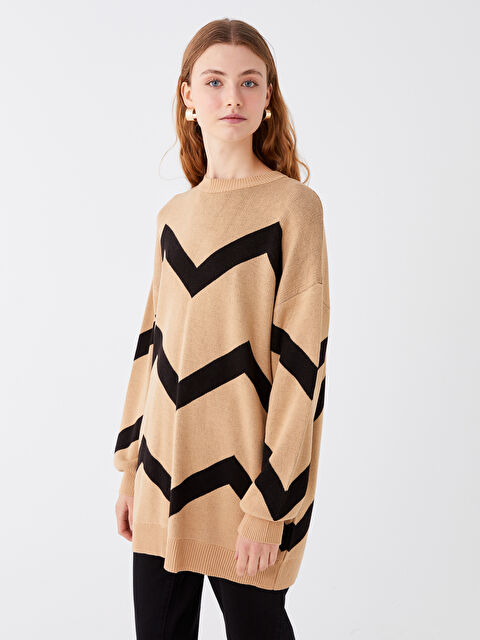 LCW Modest Bisiklet Yaka Çizgili Uzun Kollu Kadın Triko Tunik - W3BB09Z8-LQY