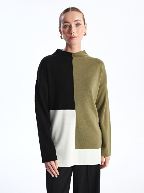 LCWAIKIKI Classic Yarım Balıkçı Yaka Renk Bloklu Uzun Kollu Kadın Triko Tunik - W3BC43Z8-CVL