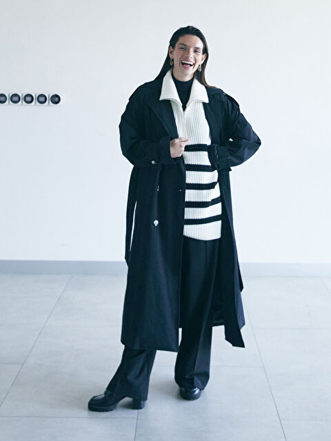 LCW Modest Свитер-жилет из трикотажа с высоким воротником, полосатый, оверсайз, для женщин - W3BE73Z8-LEG