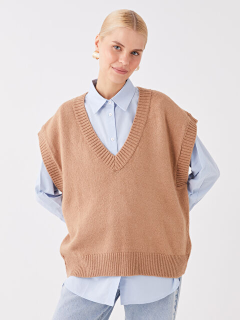 LCW Modest V Yaka Düz Oversize Kadın Triko Süveter - W3BI07Z8-V7Q