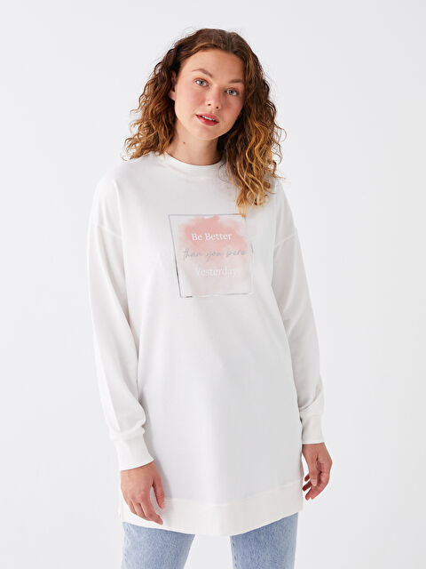 LCW Modest Crew Neck Printed Long Sleeve Oversize Women's Sweatshirt Tunic - W3BJ72Z8-V33