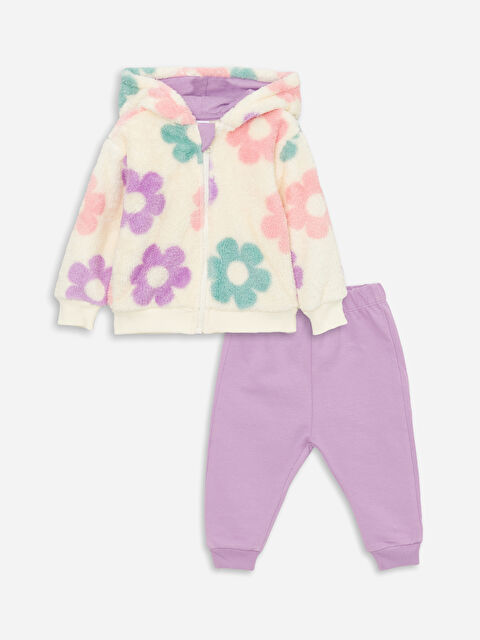 LCW baby Kapüşonlu Uzun Kollu Kız Bebek Pelüş Hırka ve Pantolon 2'li Takım - W3BK03Z1-LRB