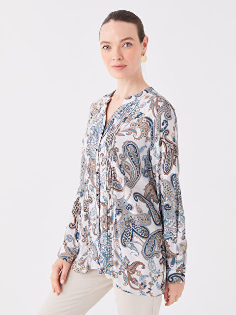 LCW Grace Kaçık Yaka Desenli Uzun Kollu Kadın Bluz - W3BK72Z8-F9C