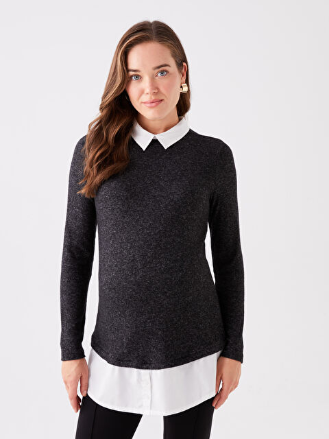 LCWAIKIKI Maternity Gömlek Yaka Düz Uzun Kollu Hamile Tişört - W3BK78Z8-L8N