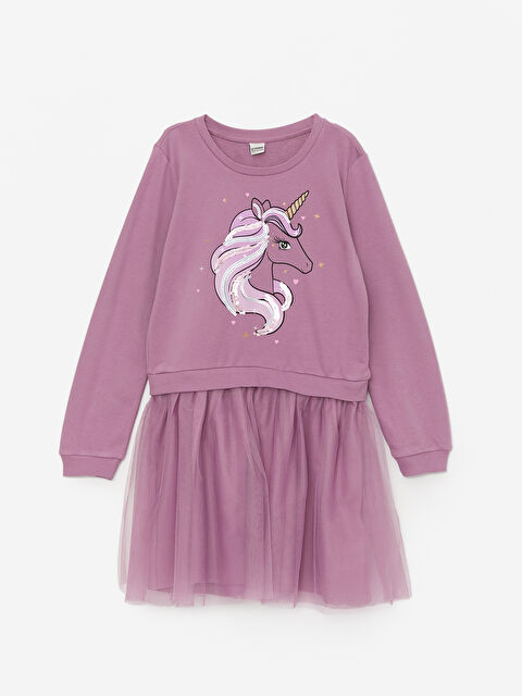 LCW Kids Crew Neck Printed Long Sleeve Girls' Dress - W3BM91Z4-GTM