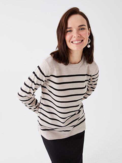 LCW Grace Женский трикотажный свитер в полоску с круглым вырезом и длинными рукавами - W3BN09Z8-LE8