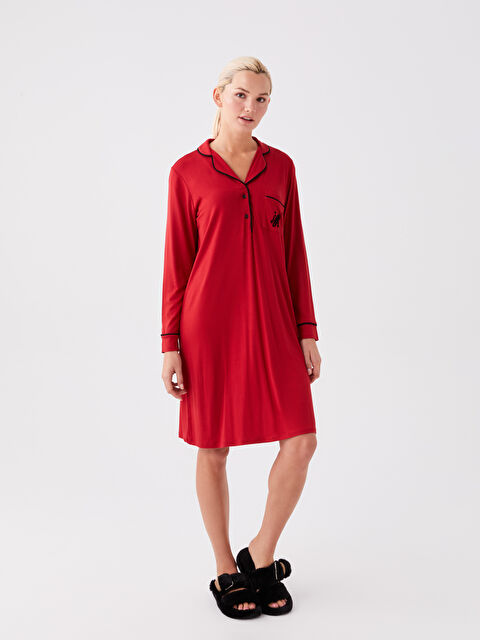 LCW DREAM Gömlek Yaka Baskılı Uzun Kollu Kadın Gecelik - W3BP81Z8-R3P