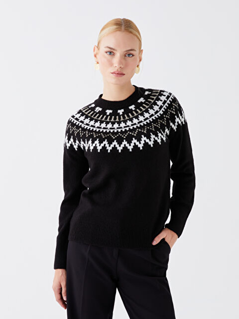 LCWAIKIKI Basic Bisiklet Yaka Desenli Uzun Kollu Kadın Triko Kazak - W3BQ74Z8-MHS