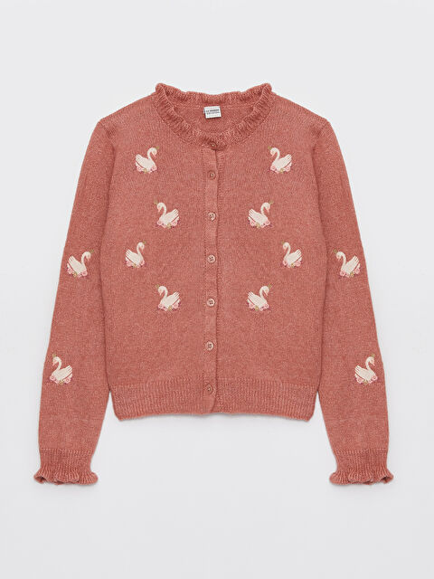 LCW Kids Bisiklet Yaka Nakışlı Uzun Kollu Kız Çocuk Triko Hırka - W3BR25Z4-E6R