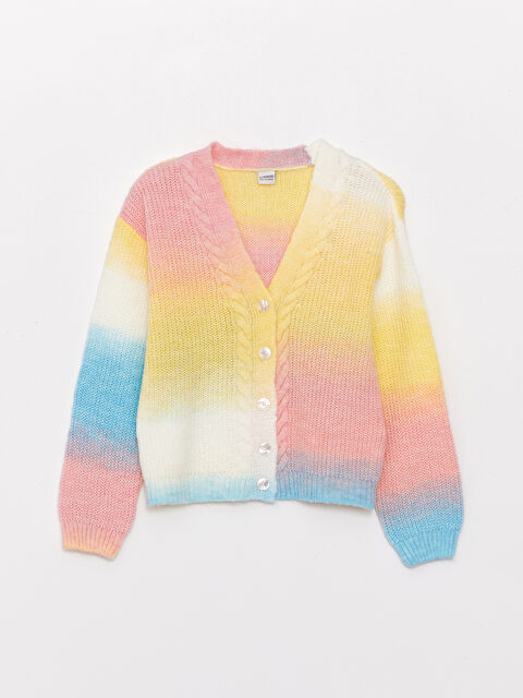 LCW Kids V Yaka Renk Bloklu Uzun Kollu Kız Çocuk Triko Hırka - W3BR30Z4-P8J