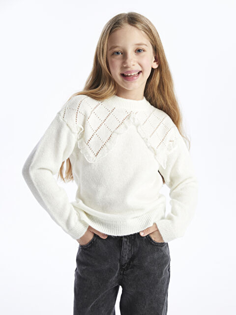 LCW Kids Bisiklet Yaka Kendinden Desenli Uzun Kollu Kız Çocuk Triko Kazak - W3BR36Z4-V9H