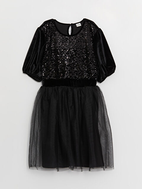 LCW Kids Bisiklet Yaka Pul İşlemeli Kız Çocuk Elbise - W3BT80Z4-CVL