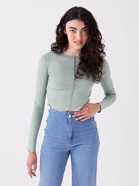 LCW Vision Bisiklet Yaka Düz Uzun Kollu Crop Kadın Tişört - W3BT88Z8-GC8