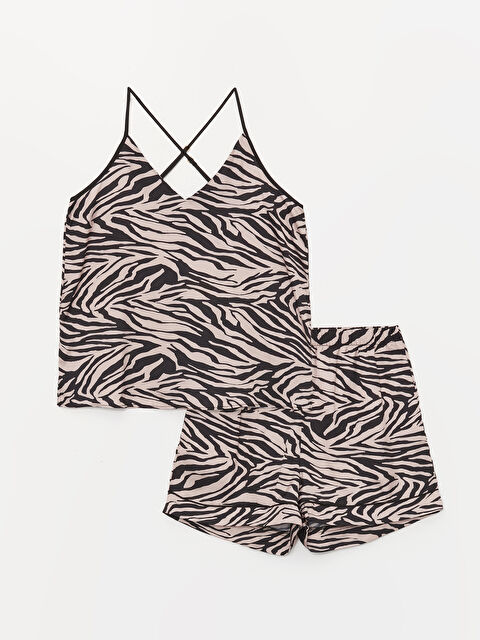 LCW DREAM V Yaka Askılı Desenli Saten Kadın Şortlu Pijama Takımı - W3BU66Z8-LT3