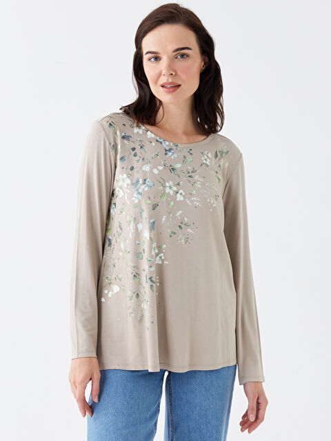 LCW Grace Bisiklet Yaka Baskılı Uzun Kollu Kadın Bluz - W3BU88Z8-FJS