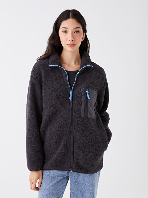 XSIDE Stand-Up Collar Plain Plush Long Sleeve Women's Cardigan - W3BV22Z8-VDL