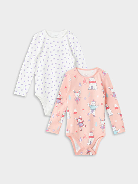 LCW baby Bisiklet Yaka Uzun Kollu Desenli Kız Bebek Çıtçıtlı Body 2'li - W3BY79Z1-V69