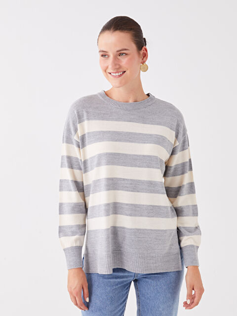 LCWAIKIKI Basic Bisiklet Yaka Çizgili Uzun Kollu Oversize Kadın Triko Kazak - W3CB28Z8-LFY