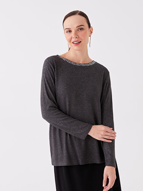 LCW Grace Bisiklet Yaka Taşlı Uzun Kollu Kadın Tişört - W3CE73Z8-L8N