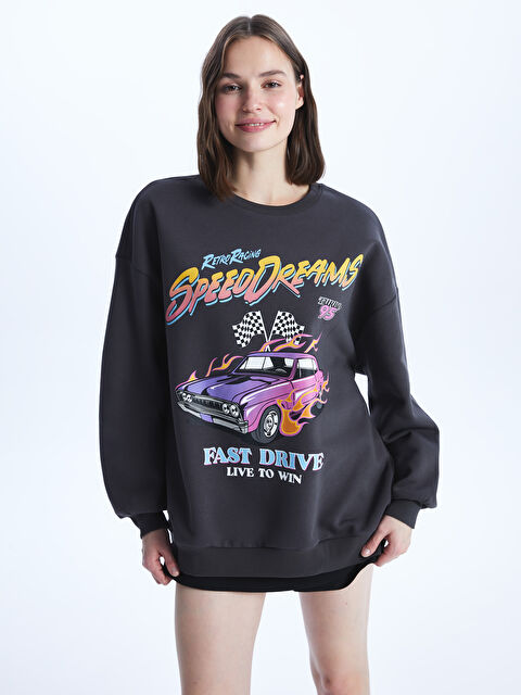 LCW Vision Bisiklet Yaka Baskılı Oversize Kadın Kalın Sweatshirt - W3CF65Z8-LY9