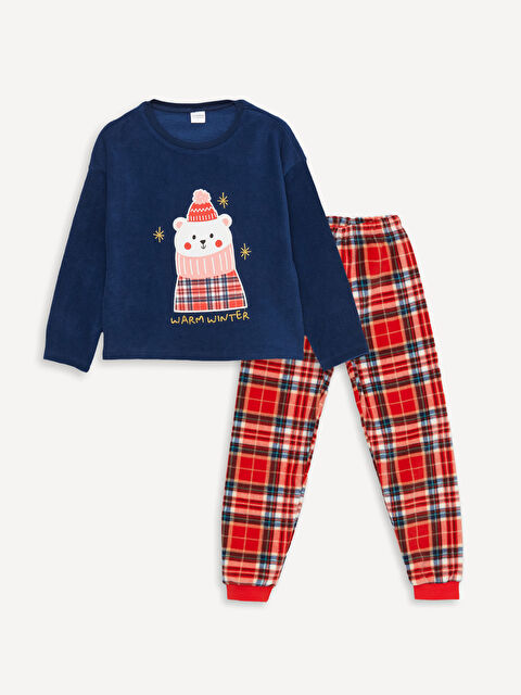 LCW Kids Bisiklet Yaka Yılbaşı Temalı Uzun Kollu Polar Kız Çocuk Pijama Takımı - W3CF85Z4-JC7