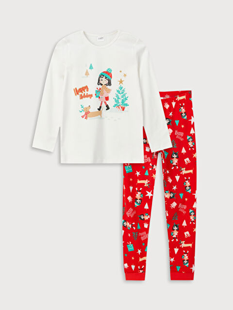 LCW Kids Bisiklet Yaka Yılbaşı Temalı Uzun Kollu Kız Çocuk Pijama Takımı - W3CF86Z4-FDU