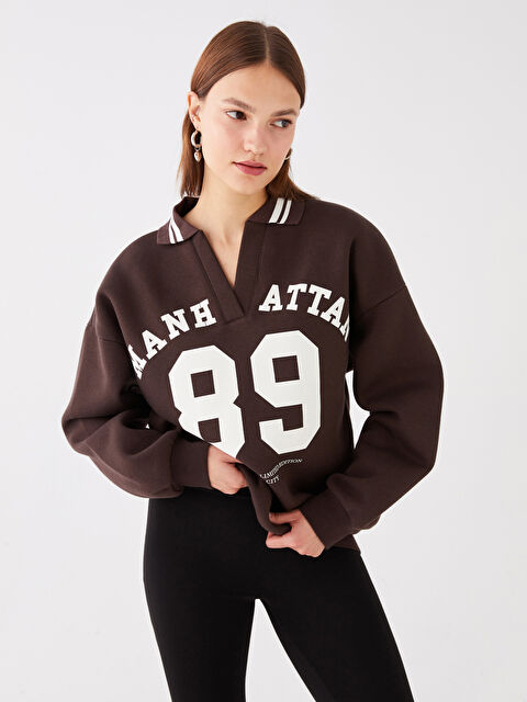 LCW Vision Polo Yaka Baskılı Oversize Kadın Kalın Sweatshirt - W3CH98Z8-HEC