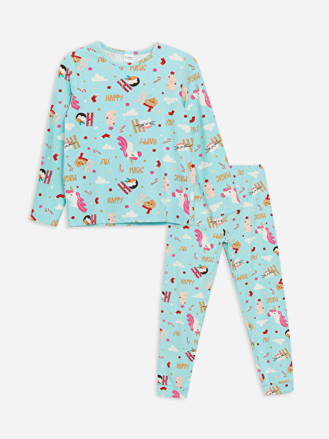 LCW Kids Bisiklet Yaka Yılbaşı Temalı Uzun Kollu Kız Çocuk Pijama Takımı - W3CJ72Z4-LTU