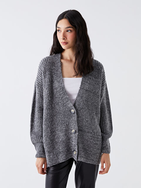 LCW Vision V Yaka Oversize Kadın Triko Hırka - W3CL50Z8-VFB