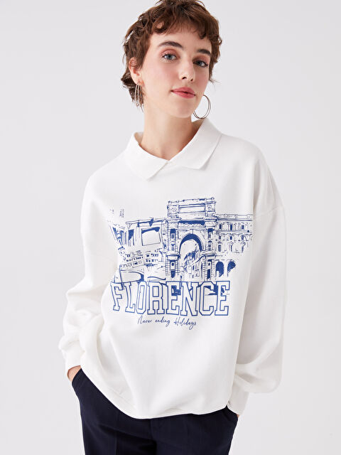 XSIDE Polo Yaka Baskılı Oversize Kadın Kalın Sweatshirt - W3CN44Z8-R9J