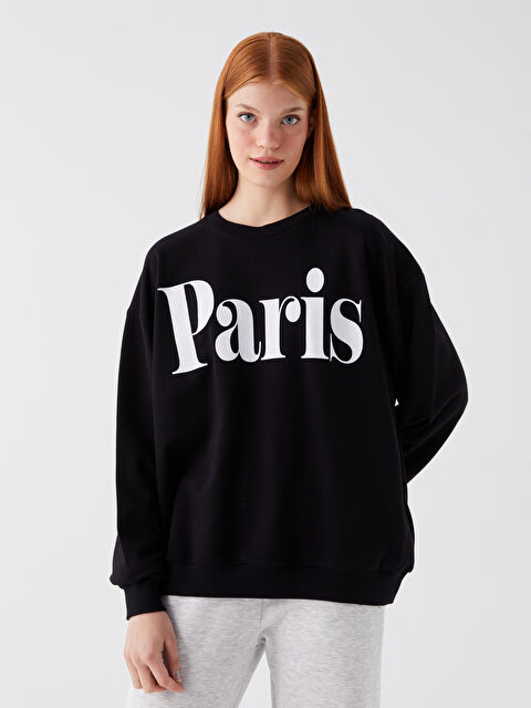 XSIDE Bisiklet Yaka Baskılı Uzun Kollu Oversize Kadın Sweatshirt Tunik - W3CN47Z8-CVL