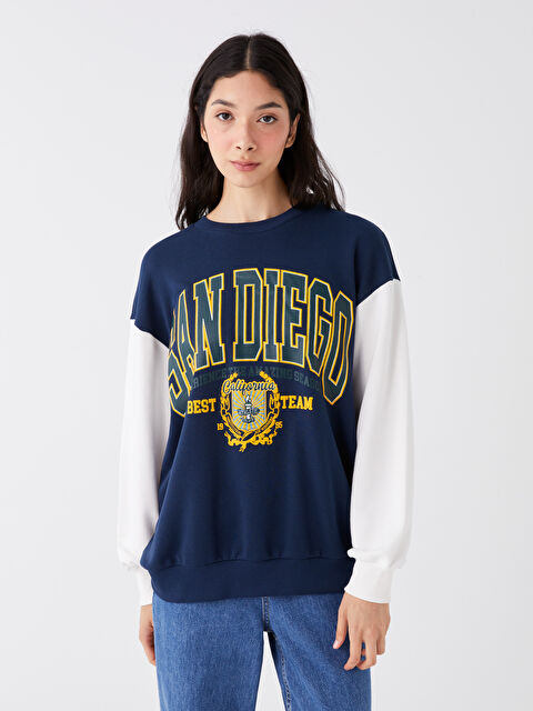 XSIDE Bisiklet Yaka Baskılı Uzun Kollu Oversize Kadın Sweatshirt - W3CO92Z8-SKL