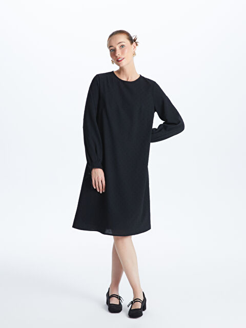 LCW Grace Bisiklet Yaka Kendinden Desenli Uzun Kollu Elbise - W3CR56Z8-CVL