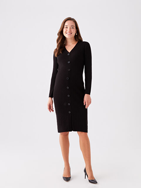 LCWAIKIKI Maternity V Yaka Düz Uzun Kollu Hamile Triko Elbise - W3CS80Z8-CVL