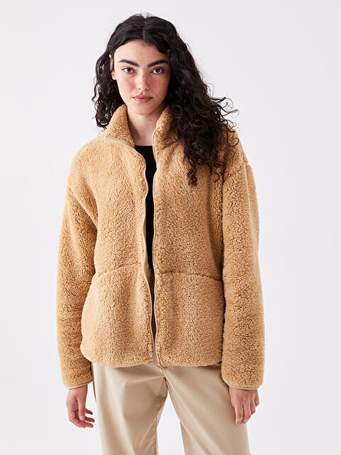 LCW Vision Dik Yaka Düz Uzun Kollu Oversize Kadın Pelüş Hırka - W3CV39Z8-VG3