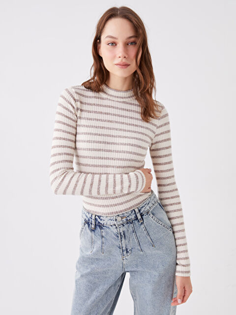 LCW Vision Dik Yaka Çizgili Uzun Kollu Kadın Tişört - W3CY24Z8-LEW