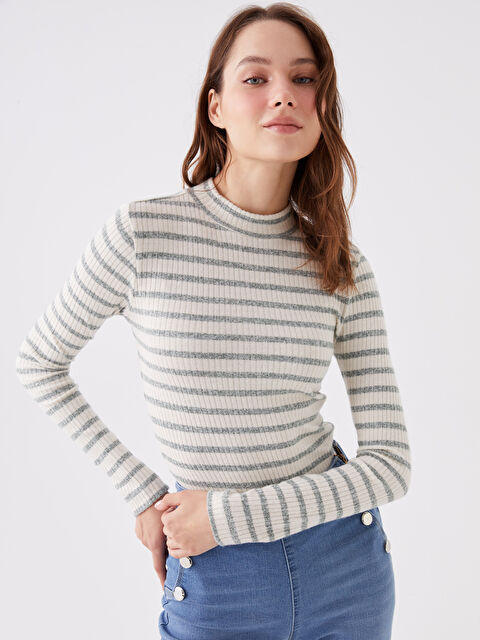 LCW Vision Dik Yaka Çizgili Uzun Kollu Kadın Tişört - W3CY24Z8-LFT