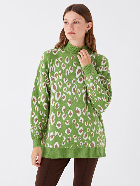 LCW Modest Half Turtleneck Patterned Long Sleeve Women's Tricot Sweater - W3DC42Z8-MKF