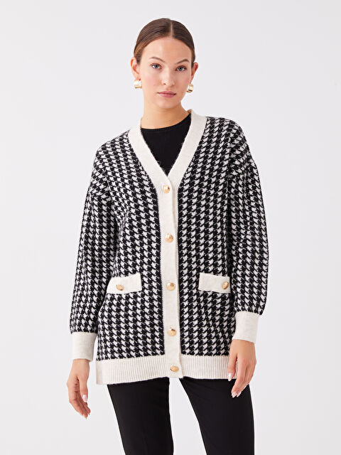 LCWAIKIKI Basic V Yaka Desenli Kadın Triko Hırka - W3DL17Z8-MHS